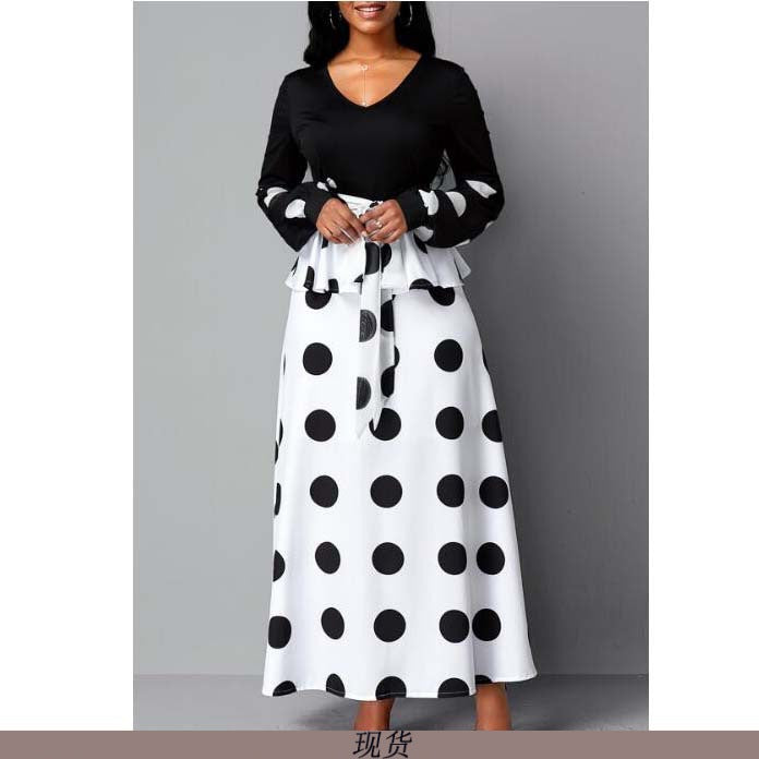 Back view of the elegant floor-length polka dot mesh maxi dress