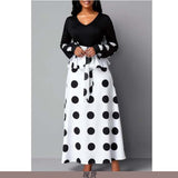 Back view of the elegant floor-length polka dot mesh maxi dress