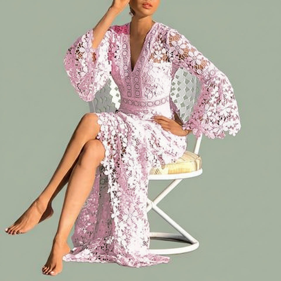 Back view of a flowing blue African pattern maxi dress with a comfortable fit.
